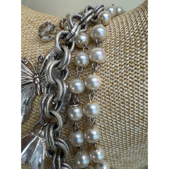 Lenora Dame Vintage Multi-Charm Necklace With Silver Chain & Pearl Strands Featu - Picture 15 of 16